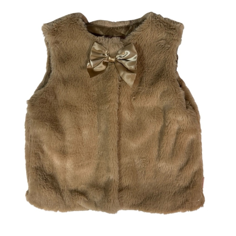 Cozy Faux Fur Vest with Satin Bow - Brown
